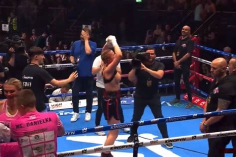 Womens boxer flashes the crowd after her first win